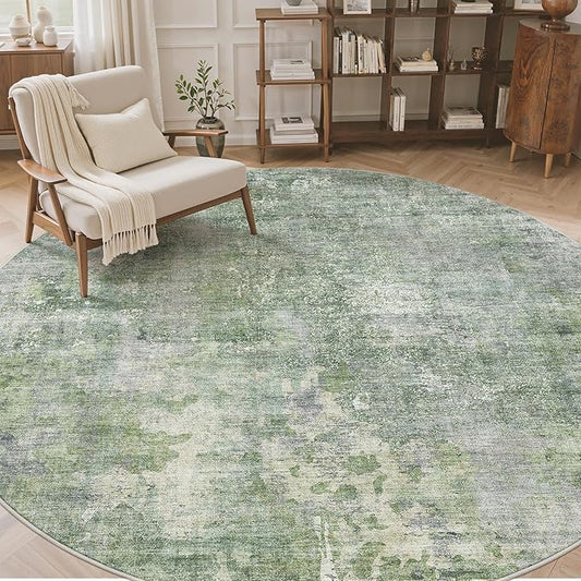 Soalmost 9x9 Green/Ivory Round Rug 9ft Living Room Circle Rug Vintage Round Area Rug Non Slip Indoor Carpet for Apartment