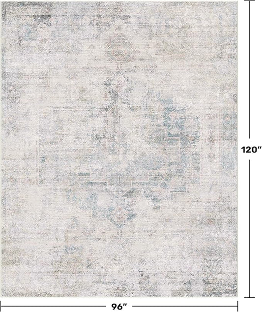 Washable 8x10 Bedroom Rug - Blue Grey Modern Area Rug for Living Room, Dining Room Table, Non Slip Soft Faded Print Carpet, Stain Resistant
