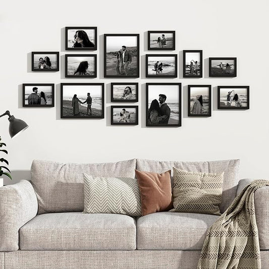 Venusmiles 15 Pack Picture Frames Collage Wall Decor, Gallery Frame Set for Wall Mounting or Tabletop Display, Multi Sizes Including 3pcs 8x10, 6pcs 5x7, 6pcs 4x6, Black