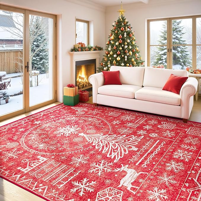 Christmas Area Rug for Living Room 8x10: Large Washable Xmas Rugs Boho Moroccan Holiday Rug Soft Non Slip Carpet for Bedroom Dining Room Home(Xmas Red, 8'X10')