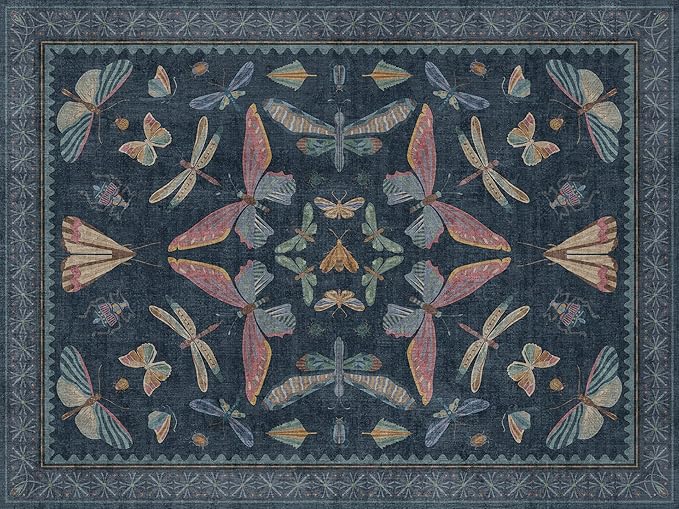 Washable 3x4 Entryway Rug, Non Slip Vintage Area Rug for Kitchen Floor, Laundry Room & Bedroom, Blue Boho Carpet with Insect Pattern, Stain Resistant Indoor Mat