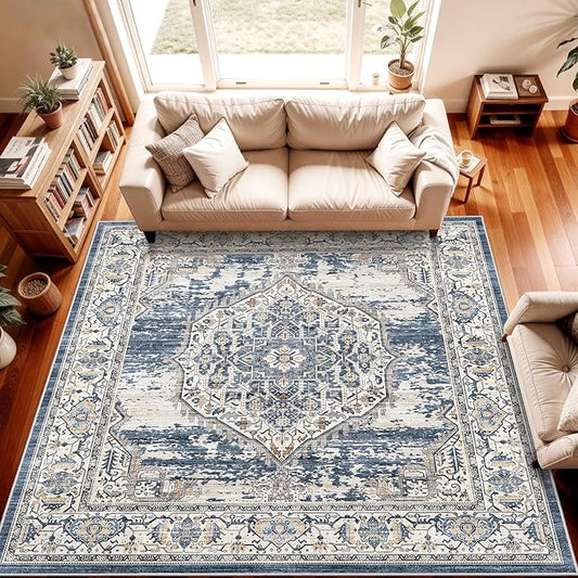 7x7 Area Rug Washable Living Room Rugs: 7ft Square Ultra Thin Soft Oriental Area Rugs Non-Slip Backing Farmhouse Rug Low Pile Thin Stain Resistant Indoor Carpets, 7' x 7' Blue