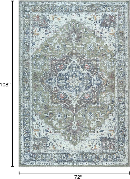 Bloom Rugs Washable Non-Slip 6' x 9' Rug - Green/Blue Traditional Medallion Area Rug for Living Room, Bedroom, Dining Room, and Kitchen - Exact Size: 6' x 9'
