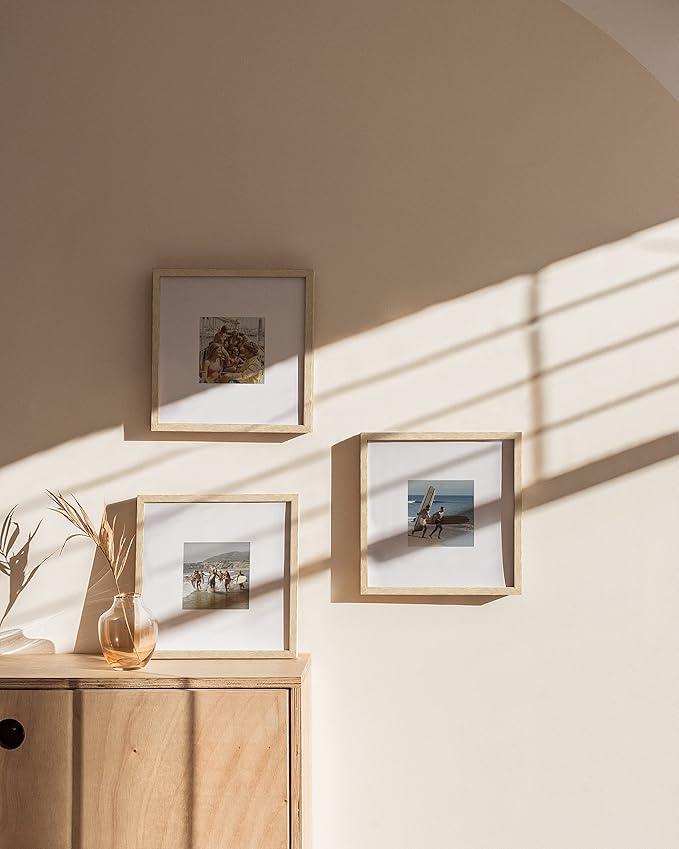 HAUS AND HUES Beige Oak Wood 10x10 Picture Frames - Set of 3, Square Frames with Mat, Modern Frames for Wall Display (10x10 in, Beige, Set of 3)