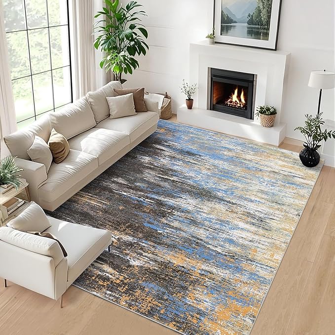 ROYHOME Washable Rug 9x12 Area Rug for Living Room, Non Slip Abstract Rug for Bedroom, Ultra Soft Area Rug, Low Pile Soft Contemporary Indoor Floor Carpet Cover, Blue/Brwon