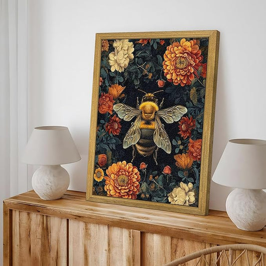 Framed Hand Drawn Sandstone Bee Wall Art, 3D Textured Nature Botanical Wall Decor Pictures, Dark College Vintage Flowers Print Painting for Living Room Bedroom Kitchen Home Decor 16x24inch