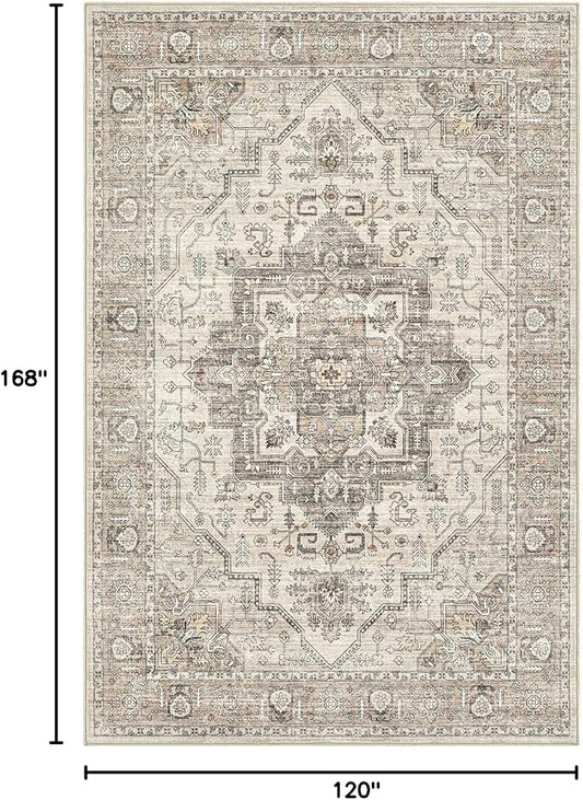 Area Rug 10x14 Washable Vintage - Soft Traditional Rug for Living Room Bedroom Dining Room or Home Office -Non Slip Backing Large Rugs with Low Pile Farmhouse Oriental Retro Carpet - Light Brown