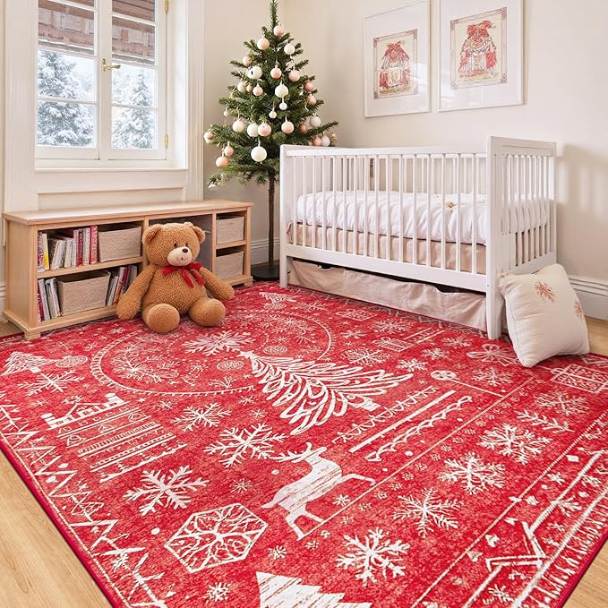 Christmas Area Rug for Living Room 6x9: Large Washable Xmas Rugs Boho Moroccan Holiday Rug Soft Non Slip Carpet for Bedroom Dining Table Home(Xmas Red, 6'X9')