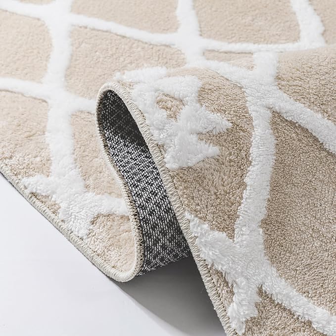 PureCozy 8x10 Area Rug for Living Room Beige Ivory Washable Bedroom Rug Non Slip Soft Modern Moroccan Neutral Shag Checkered Carpet Boho Dining Room Office Playroom Nursery