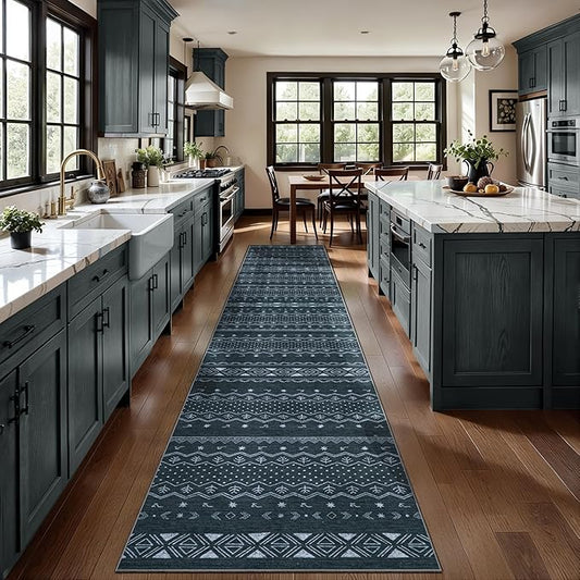 SERISSA Hallway Runner Rug, 2x10 Washable Non-Slip Grey Boho Rug, Soft Low-Pile Geometric Indoor Long Carpet for Kitchen Laundry Room Bathroom Bedroom Entryway Stair