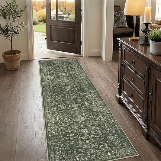 2x8 Green Runner Rug Hallway Washable Area Rugs Kitchen Vintage Boho Non Slip Long Rug Floral Carpet Indoor Retro Soft Low Pile Throw Rug for Bedroom Bathroom Laundry Dining Living Room Office