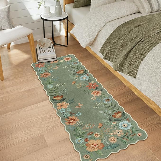 Lahome Floral Washable Runners for Hallways, 2x5 Kitchen Runner Ultra-Thin, Non-Slip Soft Hallway Rug Stain Resistant Boho Low-Pile Carpet for Laundry Bathroom Bedroom Flore (2x5ft,Green)