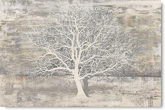 Yihui Arts Tree Of Life Canvas Wall Art Hand Painted Grey White Beige Paintings Modern Abstract Forest Pictures Artwork for Living Room Bedroom Office Decoration