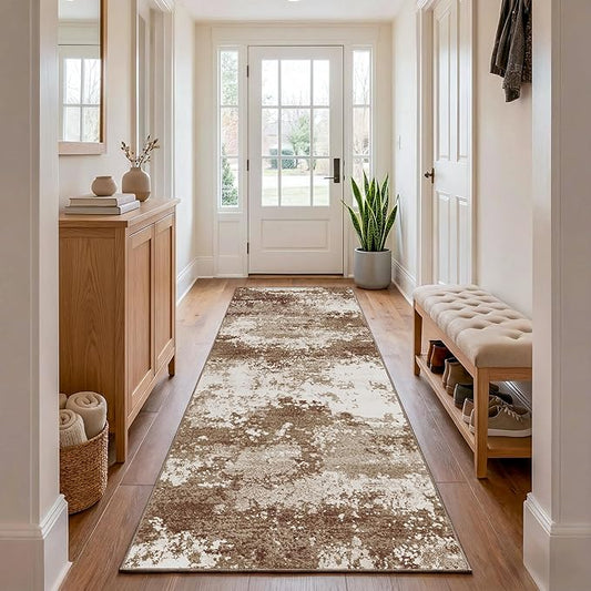 Brown Rug Runners for Hallways Kitchen 2.6x8 Non Slip Washable Entryway Runner Rugs with Rubber Backing 8ft Long Carpet Runner for Laundry Bedroom, Low Pile Stain & Fade Resistant, Abstract Coffee