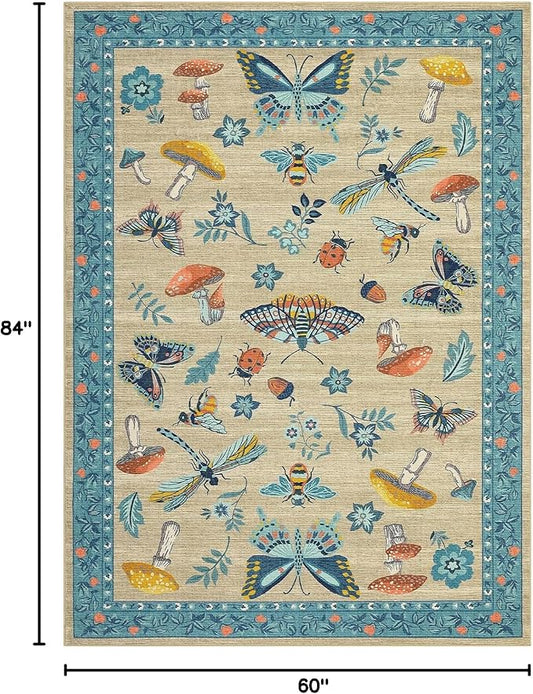 Mushroom Insect Washable Rug 5x7 Area Rugs for Bedroom Non Slip with Rubber Back Low Pile Stain Resistant Butterfly Carpet for Living Room Nursery Kitchen Dining Room Khaki Blue