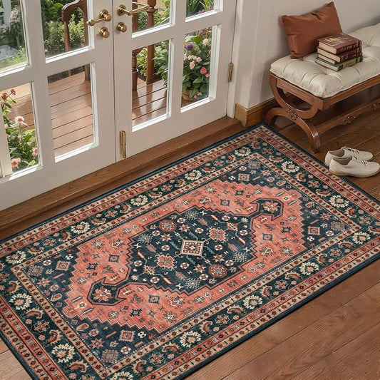 Tangsoo Vintage 2x4 Washable Rug for Entryway,Non Slip Kitchen Rugs Red Blue Indoor Front Door Rug Small Soft Throw Mat Low Pile Carpet for Porch Kitchen Bedroom Entrance Bathroom