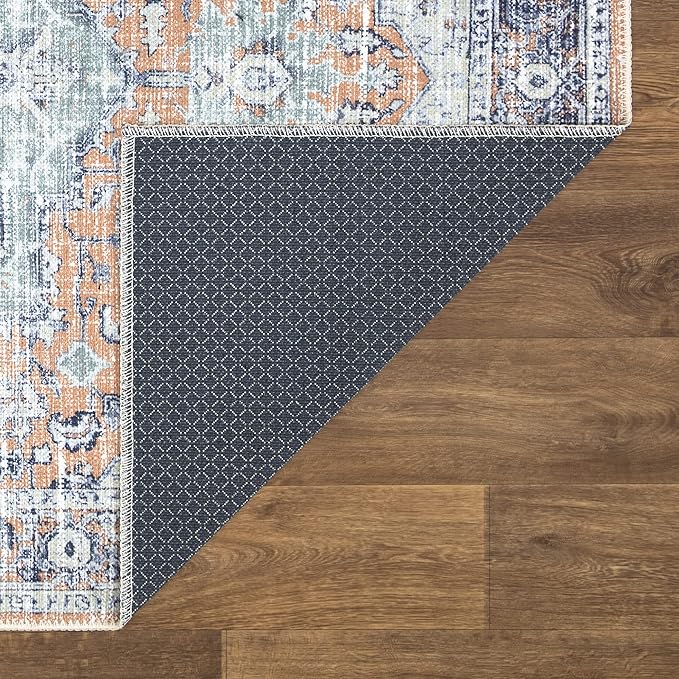 Bloom Rugs Washable Non-Slip 10 ft Runner - Peach/Blue Traditional Runner for Entryway, Hallway, Bathroom, and Kitchen - Exact Size: 2.5' x 10'