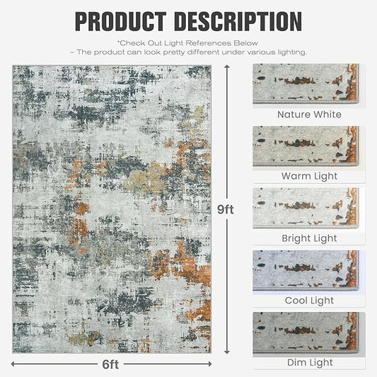 Area Rug 10x14 Living Room Rug Washable: No-Slip Abstract Soft Thin Large Grey Rugs, Indoor Floor Stain Resistant Modern Carpet for Bedroom Dining Room Farmhouse Nursery Home Office (Grey, 10'x14')
