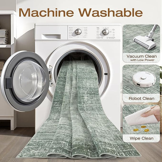 10x12 Area Rug Living Room: Washable Large Neutral Rugs Abstract Soft Modern Stain Resistant Indoor Floor Non-Slip Carpet for Bedroom Nursery Kids Office Playroom Dining Room Under Table- Dark Green