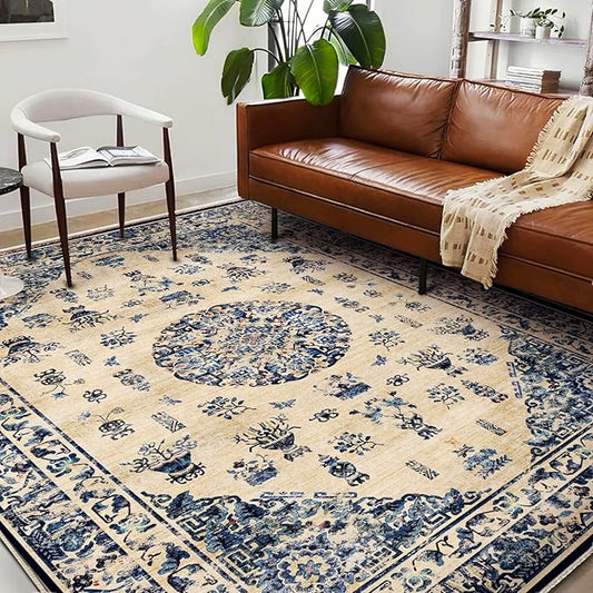 CHAMPLANT Washable Area Rug 4'x6' Traditional Floor Cover Foldable Thin Rugs Retro Kitchen Indoor Distressed Non Slip Carpet Floral Print Mat Bedroom Living Room