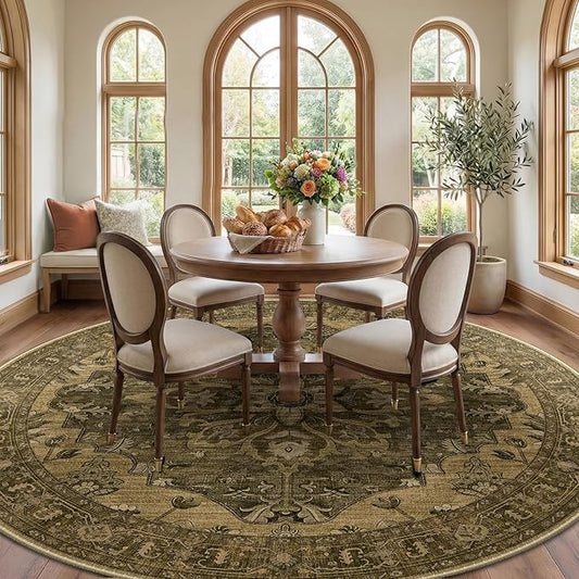 RELEANY Area Rugs Round 8ft Washable Non-Slip, Floral Vintage Distress Print Pattern Medallion Carpet for Living Room Bedroom Dining Room, Brown Dark Brown
