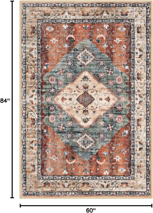 KOZYFLY Boho Area Rug 5x7 Ft Thin Rugs for Living Room Washable Bedroom Rug Non Slip Rugs for Living Room Rust/Orange/Blue Printed Faux Wool Vintage Bedroom Rug Floor Carpet for Dining Room