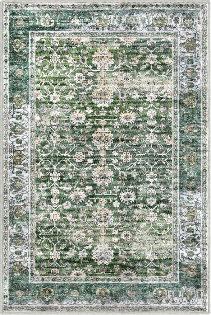 KUTA 5x7 Area Rugs, Vintage Green Washable Rugs for Living Room Ultra Thin Soft Non-Slip Printed Distressed Tribal Traditional Farmhouse Carpet for Bedroom Dining Room Dorm Office Home