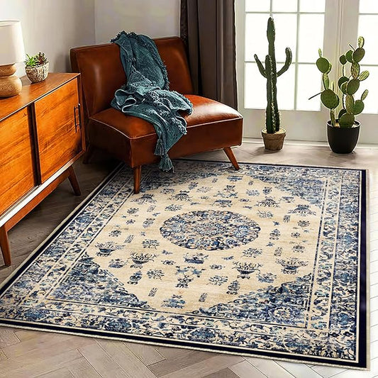 CHAMPLANT Area Rug 6'x9' Washable Vintage Traditional Floor Cover Thin Retro Kitchen Indoor Distressed Non Slip Carpet for Living Room Bedroom Dining Room