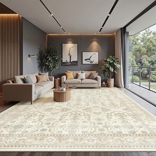Soalmost 10x14 Area Rugs for Living Room, Non Slip Machine Washable Vintage Rugs, Low Pile Lightweight Large Rug for Bedroom, Dining Room, Home Office Beige/Brown