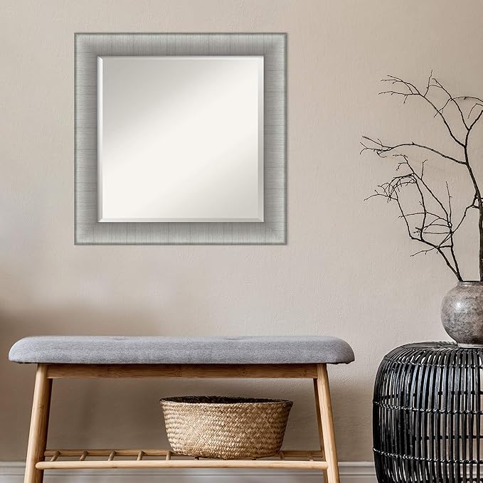 Amanti Art Silver Bathroom Mirror for Over Sink, 25x25 Elegant Brushed Pewter Square Vanity Mirror, Medium Casual Frame, Hangs Horizonally and Vertically, Bathroom Wall Decor, Beveled Edge