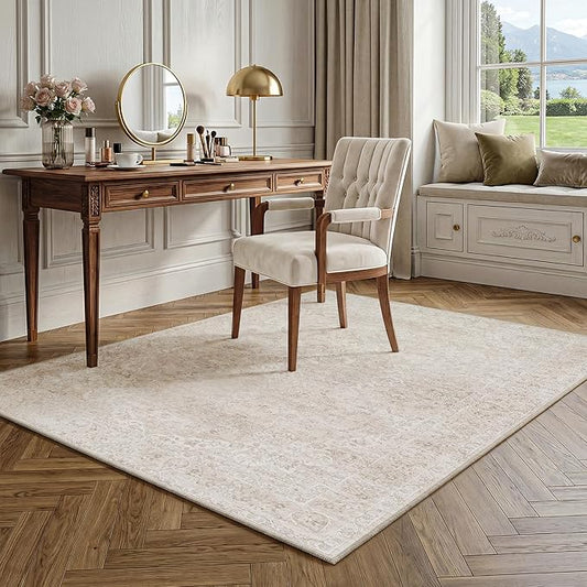FMFUNCTEX 3x5 Washable Area Rug Beige Vintage Neutral Distressed Non Slip Low Pile Floral Retro Indoor Carpet for Entryway Entrance Thin Soft Rug Living Room Bedroom Kitchen Office Desk Laundry