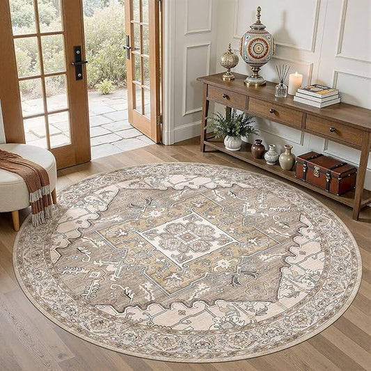 6ft Round Rug for Living Room: 6x6 Washable Vintage Brown Area Rug, Large Non Slip Soft Stain Resistant Indoor Floor Carpet for Bedroom Dining Decor Home Office Kid & Pet Friendly
