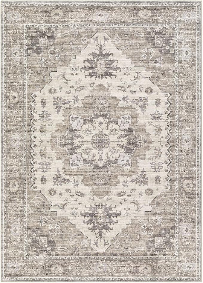 EIEIHOUSE Washable Area Rugs for Living Room -8x10 Neutral Vintage Distressed Floral Farmhouse Boho Large Soft Floor Rug Indoor Non Slip Carpet for Living Room Bedroom Dining Room Office-Brown/Beige