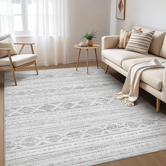 Nakagishi 7x9 Area Rug Living Room: Washable Boho Large Neutral Soft Farmhouse Modern Rugs Stain Resistant Moroccan Non-Slip Indoor Carpet for Bedroom Nursery Kids Office Dining Room- Dark Grey