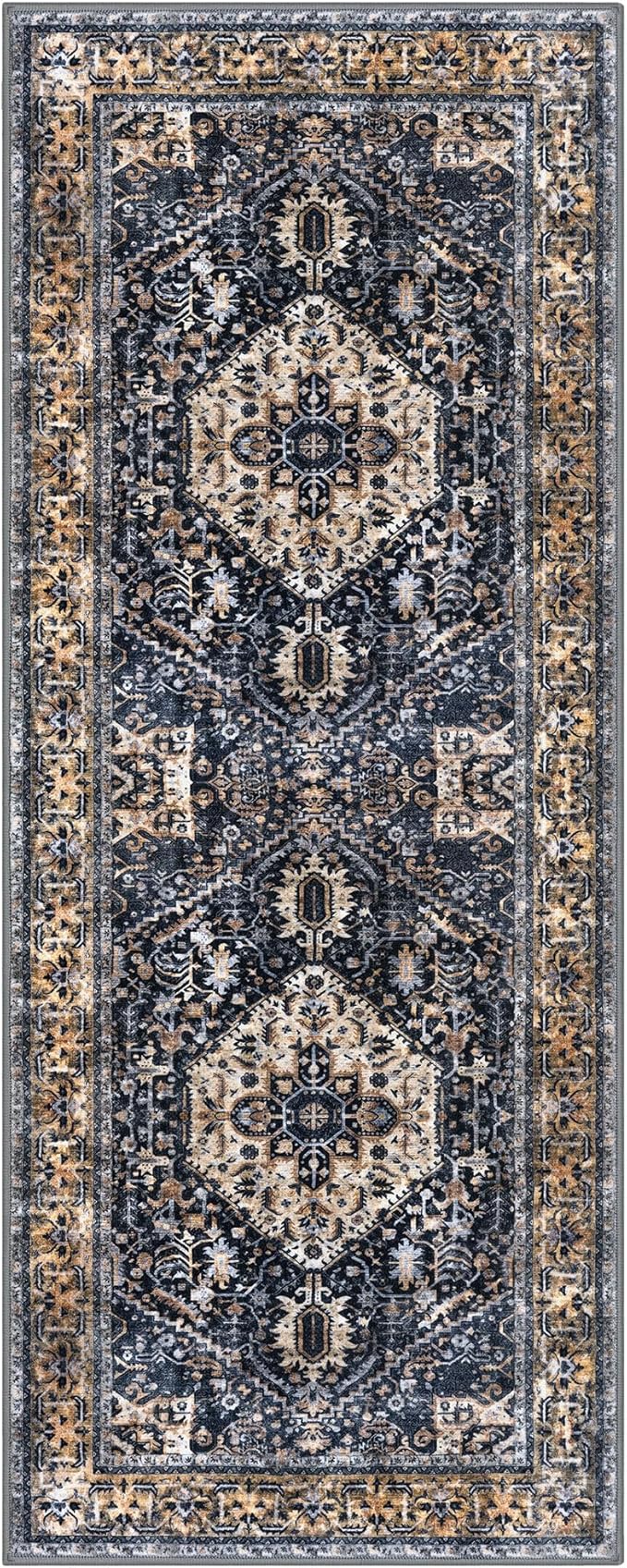KOZYFLY Runners for Hallways 2.6x8 Ft Washable Kitchen Runner Rug Boho Runner Rug for Entryway Indoor Gold/Orange/Navy Printed Oriental Faux Wool Floor Carpet Runner for Bedroom