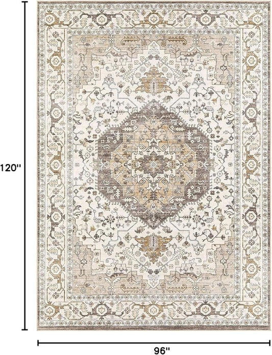 Area Rug for Living Room - 8x10 Soft Washable Oriental Vintage Floral Distressed Large Carpet - Fade Stain Resistant Non Slip Rugs for Bedroom Dining Room Nursery Dorm Office Home Decor-Camel/Beige