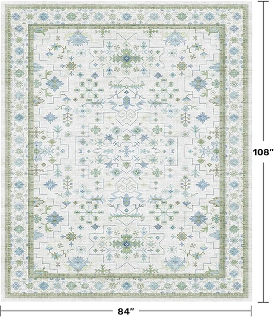 Hazo Haus Cream Oushak 7x9 Bedroom Rug - Boho Floral Cool Blue and Green, Washable Low Pile Non-Slip Ultra-Thin Large Area Rugs for Playroom, Bed Room, Living Room