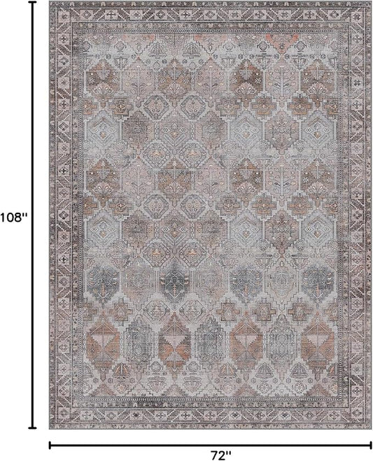 Bavni Washable Rug 6x9 Area Rug for Living Room Bedroom Dining, Washable Vintage Print Carpet, Ultra-Thin Chenille Low Pile Lightweight Rug with Non Slip Backing, Retro Grey