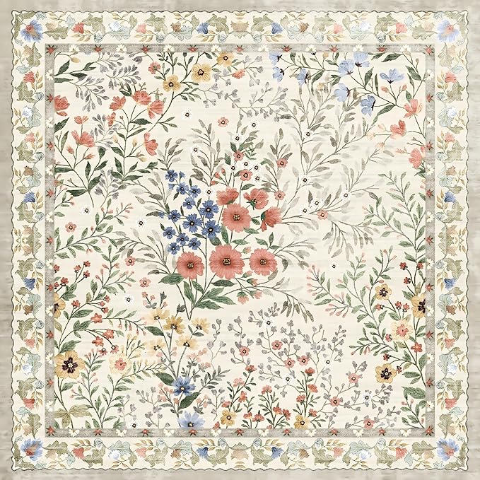 Washable Living Room Area Rug: 8x10 Bedroom Rugs - Farmhouse Distressed Printed Floral Carpet - Foldable Non-Shedding Floor Carpet for Dining Room 8'x10' Beige