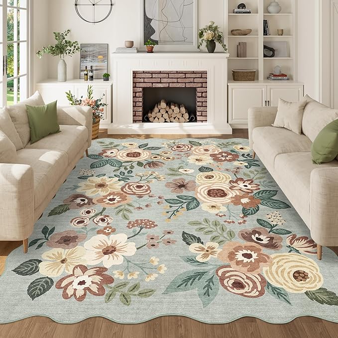 DUKINO 6x9 Area Rug, Floral Washable Rugs for Living Room with Non Slip Backing & Non-Shedding, Lightwight Low Pile Boho Design Large Carpets for Bedroom, Living Room, Dining Room, Sage Green
