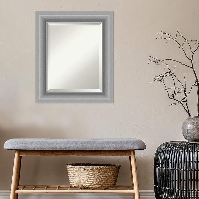 Amanti Art Silver Bathroom Mirror for Over Sink, 26x22 Peak Polished Nickel Rectangle Vanity Mirror, Small Traditional Frame, Hangs Horizonally and Vertically, Bathroom Wall Decor, Beveled Edge