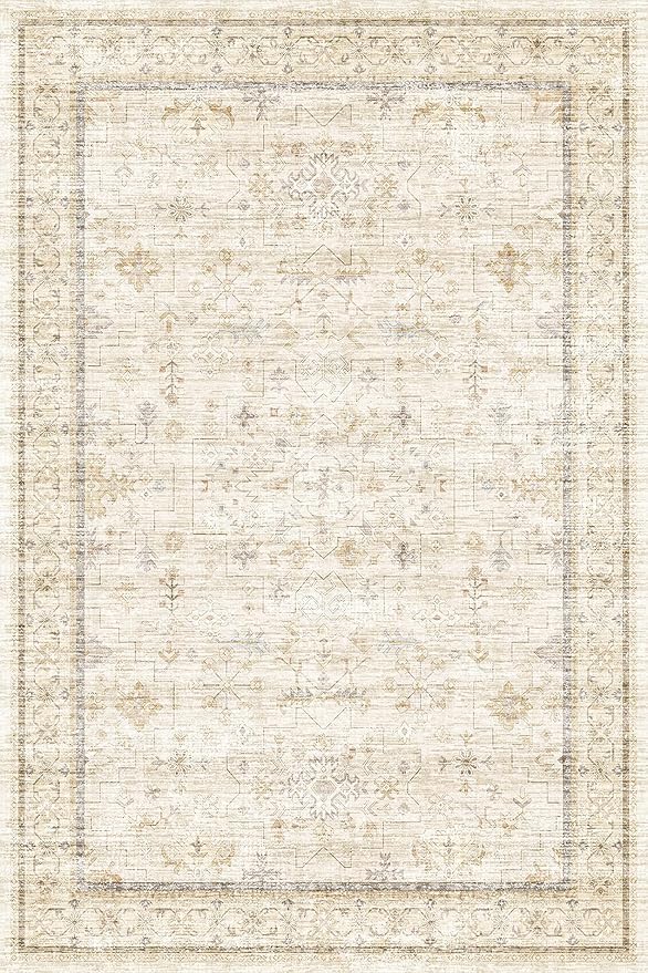 Hazo Haus Washable Ivory Beige Living Room Rug, 8x12 Non Slip Area Rugs for Bedroom, Dining Room Under Table, Low Pile Neutral Farmhouse Vintage Foldable Décor