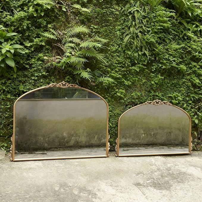 Vintage Gold Wall Mirror - 40x30 Inch, Baroque Arched Design, Ornate Crown Metal Frame, Distressed Gold Finish, Large Antique Decorative Mirror for Fireplace Mantle, Living Room, Bathroom, Entryway