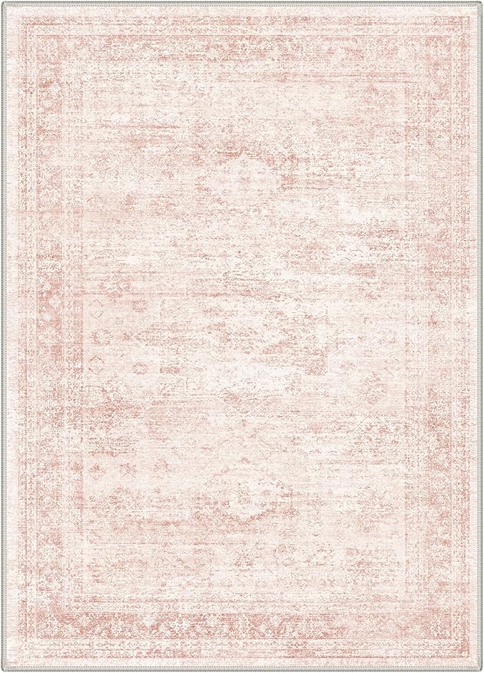 GENIMO 6x9 Area Rugs for Living Room, Machine Washable Non Slip Vintage Rugs, Low Pile Lightweight Chenille Print Rug for Bedroom, Dining Room, Home Office, Pink