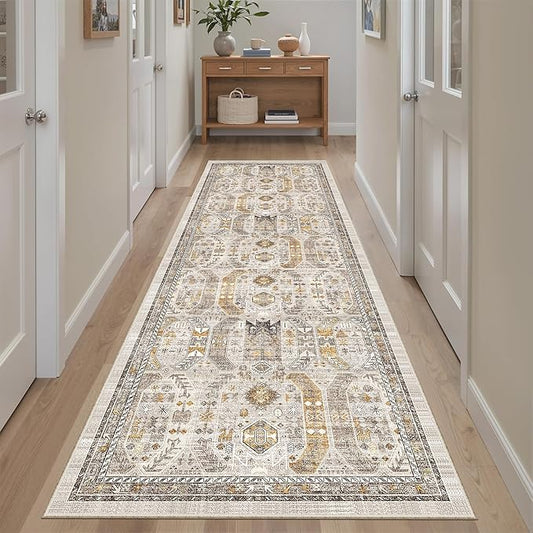Madane Runner Rug 2'6''x8' Kitchen Runner, Hallway Runner Printed Vintage Washable Rugs Soft Non-Slip Low Pile 2.5x8 ft Runners for Hallways Laundry Room Rug Distressed Rug, Brown/Gold