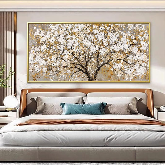 Large Gold Framed Wall Art Print Gold Abstract Tree Of Life Framed Modern Artwork Canvas Painting Gold Tree Pictures Home Decor Ready To Hang For Bedroom Living Room 29" X 58"