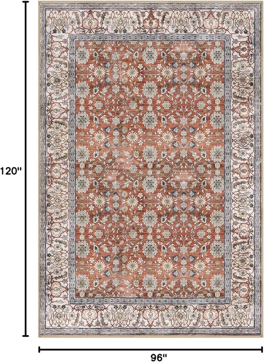 KUTA Vintage 8x10 Area Rugs for Living Room, Red Clay Washable Large Rug for Bedroom 8ft x 10ft Non-Slip, Ultra Thin Soft Printed Traditional Floral Distressed Dining Room Low-Pile Carpet