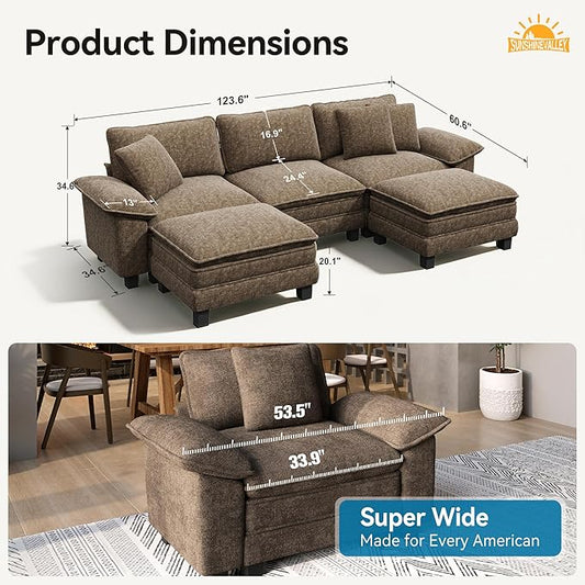 SUNSHINE VALLEY U Shaped Modular Cloud Couch, 123.6'' Comfy Chenille Sectional Sofa with Wider Armrest and Ottoman, Upholstered 5-Seat Modern Deep Seat for Bedroom Living Room, Taupe Gray