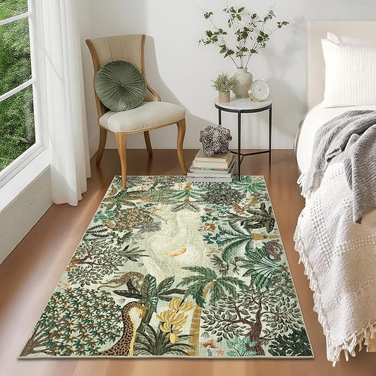 GarveeHome 3x5 Washable Area Rug for Bedroom, Jungle Animal Soft Tiger Rug Non Slip Low Pile Green Carpet Stain Resistant Throw Rug for Bedside Kids Room Office Dining Room