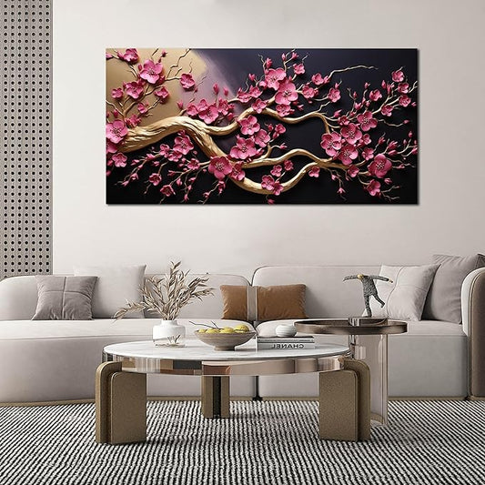 Ouzzlie Pink Wall Art for Living Room Large Plum Blossom Tree Picture Wall Decor Flower Canvas Art Print Black Artwork for Bedroom Office 29" x 59"